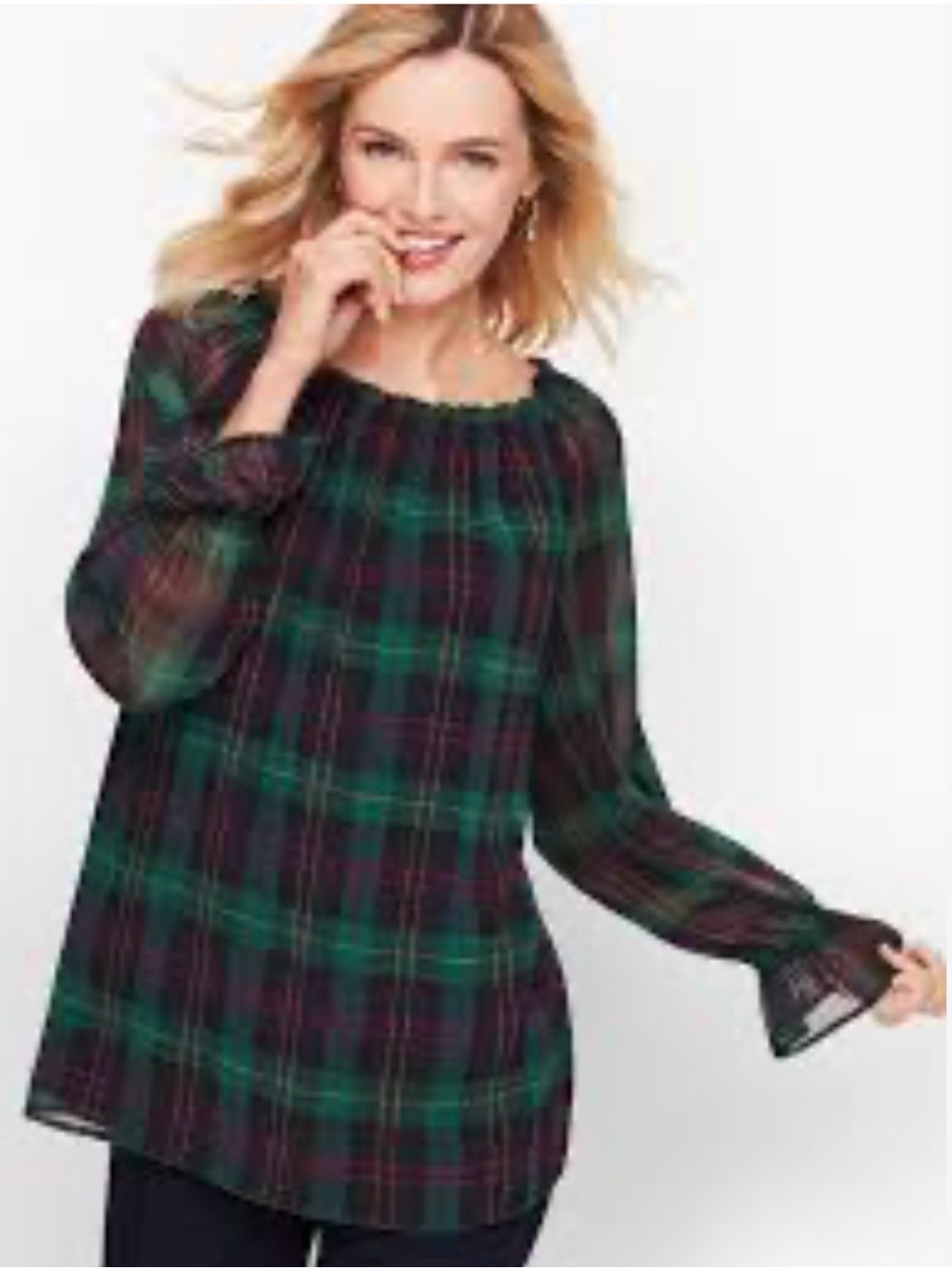 Talbots Tartan Popover Off-Shoulder Plaid Top in Festive Green and Navy Medium